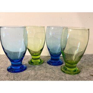 4 Vintage Cristar Footed Glasses 2 Green and 2 Blue 5.25" Tall  #2223